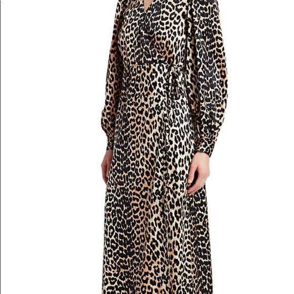 GANNI Stretch Silk Satin Leopard Wrap Dress, 4 - Picture 4 of 6